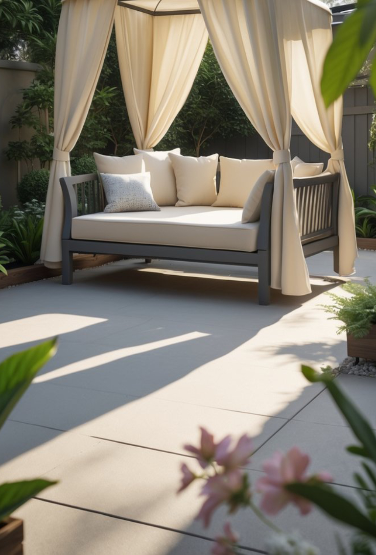 A cozy outdoor daybed with a canopy and beige curtains is set on a patio surrounded by lush greenery. The bed is adorned with several pillows, creating a comfortable lounging area.