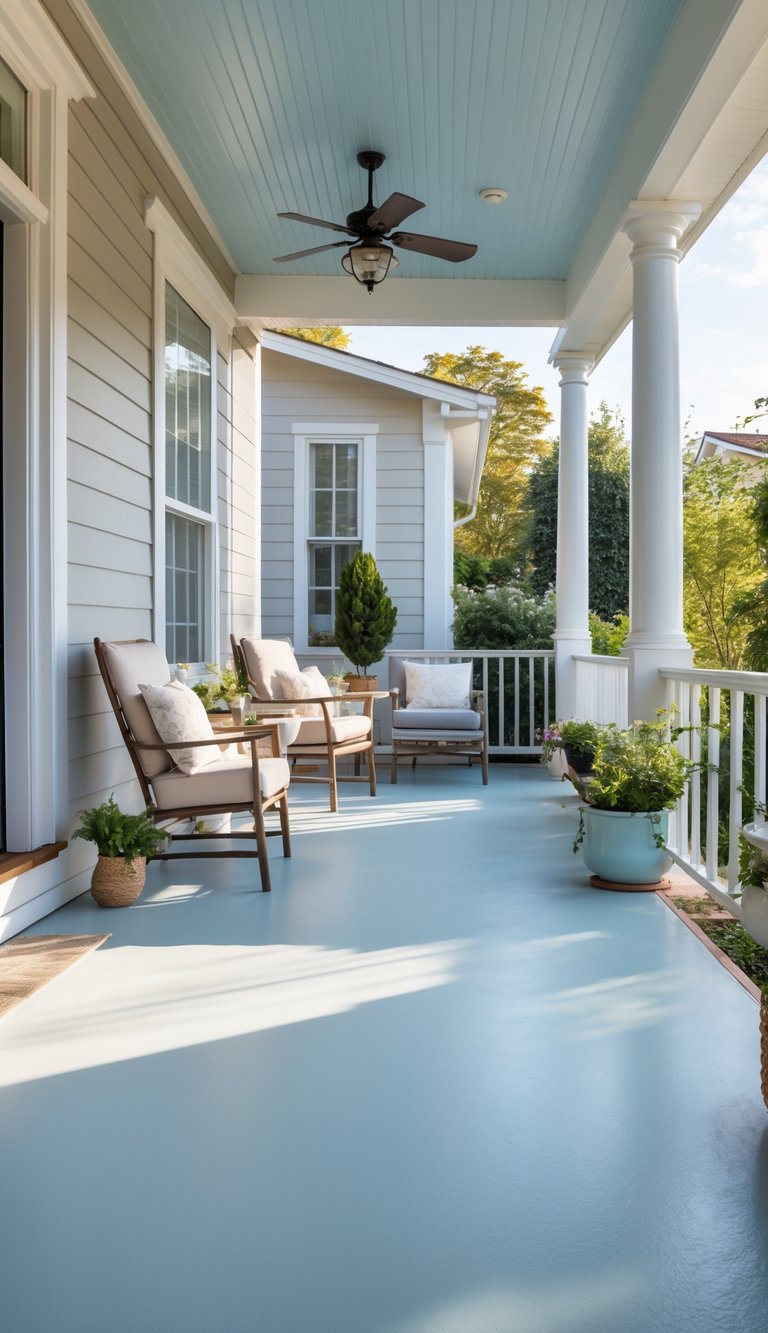 A painted concrete porch with outdoor furniture, potted plants, and a house facade in the background.