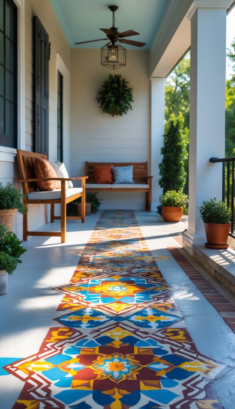 Outdoor concrete porch floor with a colorful geometric tile pattern and some outdoor furniture and plants.
