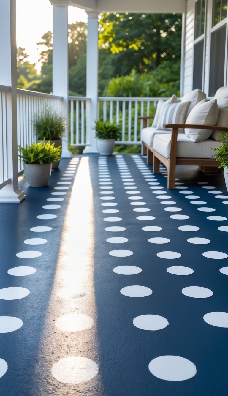 A navy blue concrete porch floor decorated with white polka dots, featuring a white railing, potted plants, and outdoor seating.