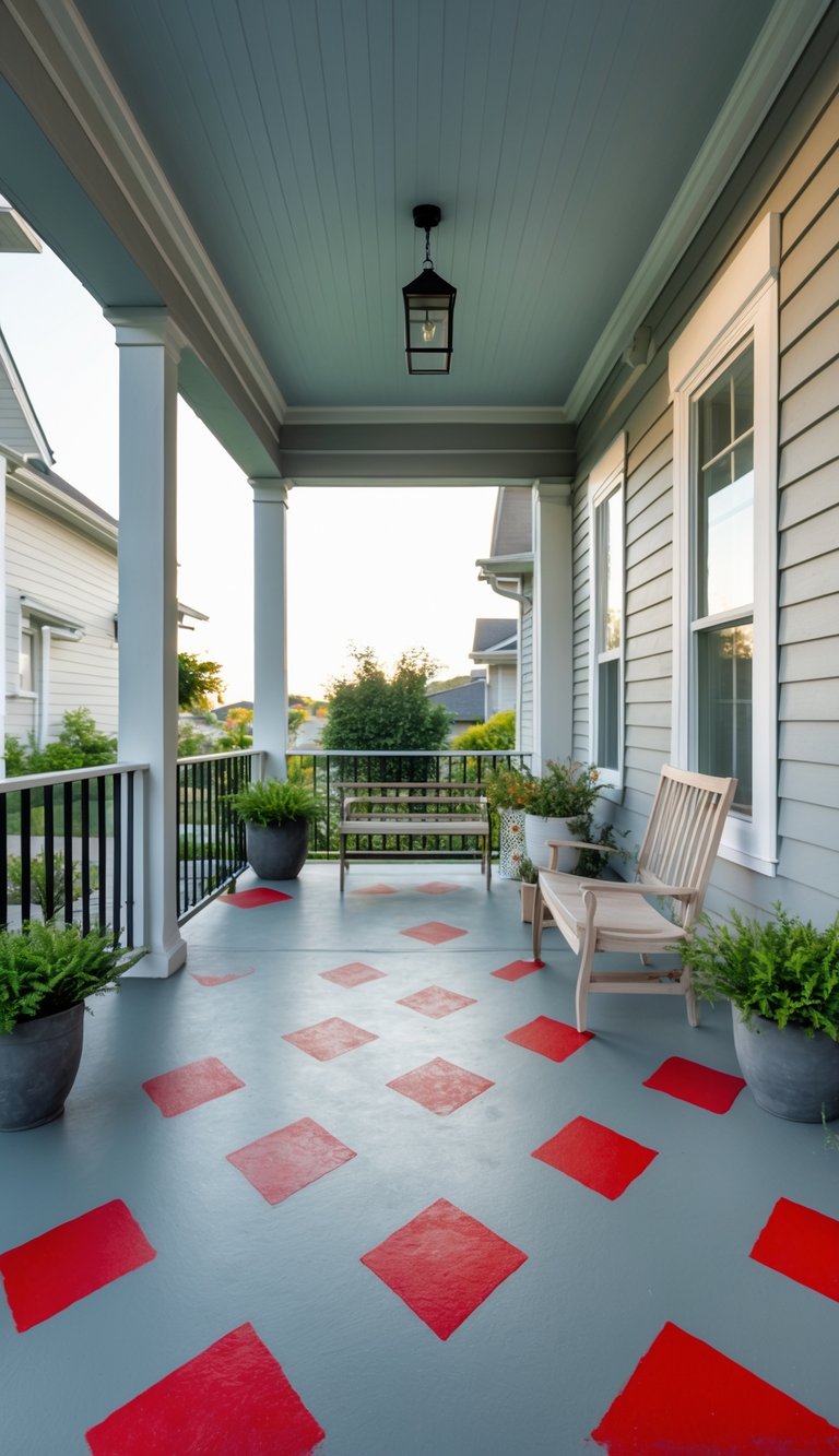 A spacious porch with a painted concrete floor featuring a gray base and bright red diamond patterns, surrounded by outdoor furniture and plants.