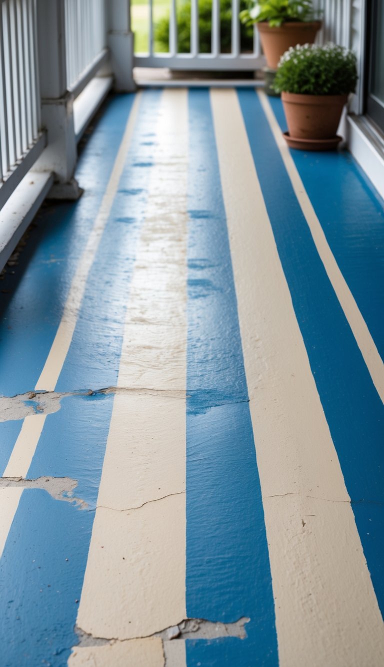 A porch floor with wide blue and cream stripes painted on concrete, with a railing and potted plants in the background.