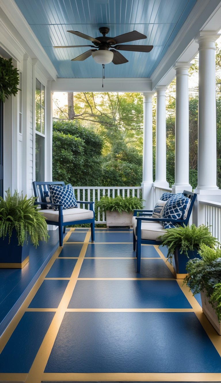 A porch with navy blue painted concrete floor and gold accents, furnished with outdoor seating and surrounded by plants.