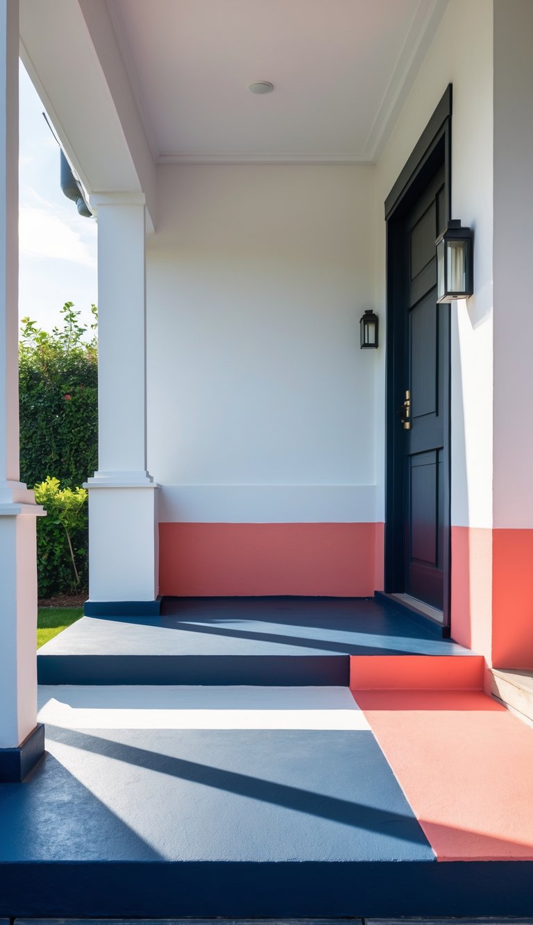 A porch with painted concrete floor in navy blue, white, and coral colors, surrounded by a simple exterior wall and some outdoor greenery.