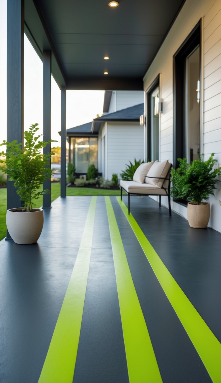 A porch with dark charcoal concrete floor and bright lime green stripes, featuring outdoor furniture and potted plants.