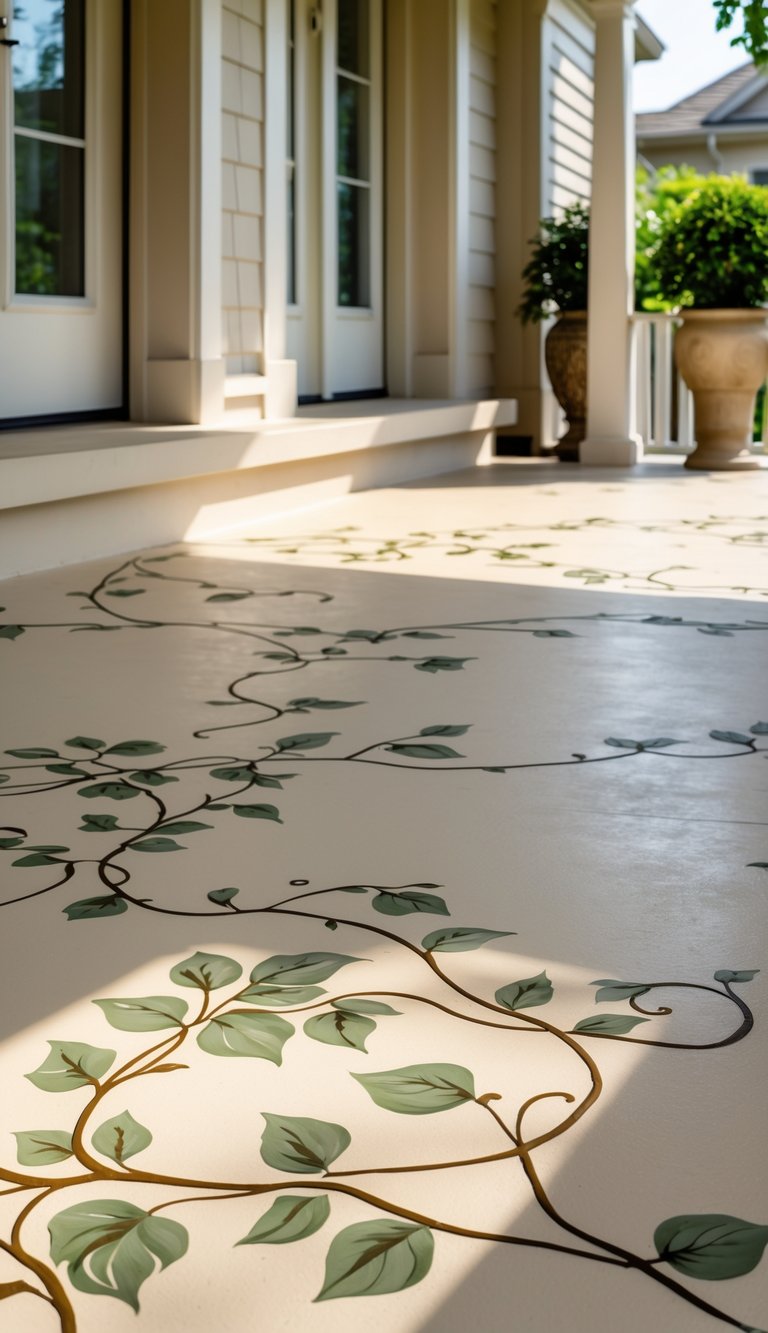 Outdoor concrete porch painted creamy beige with delicate vine patterns on the floor in natural daylight.