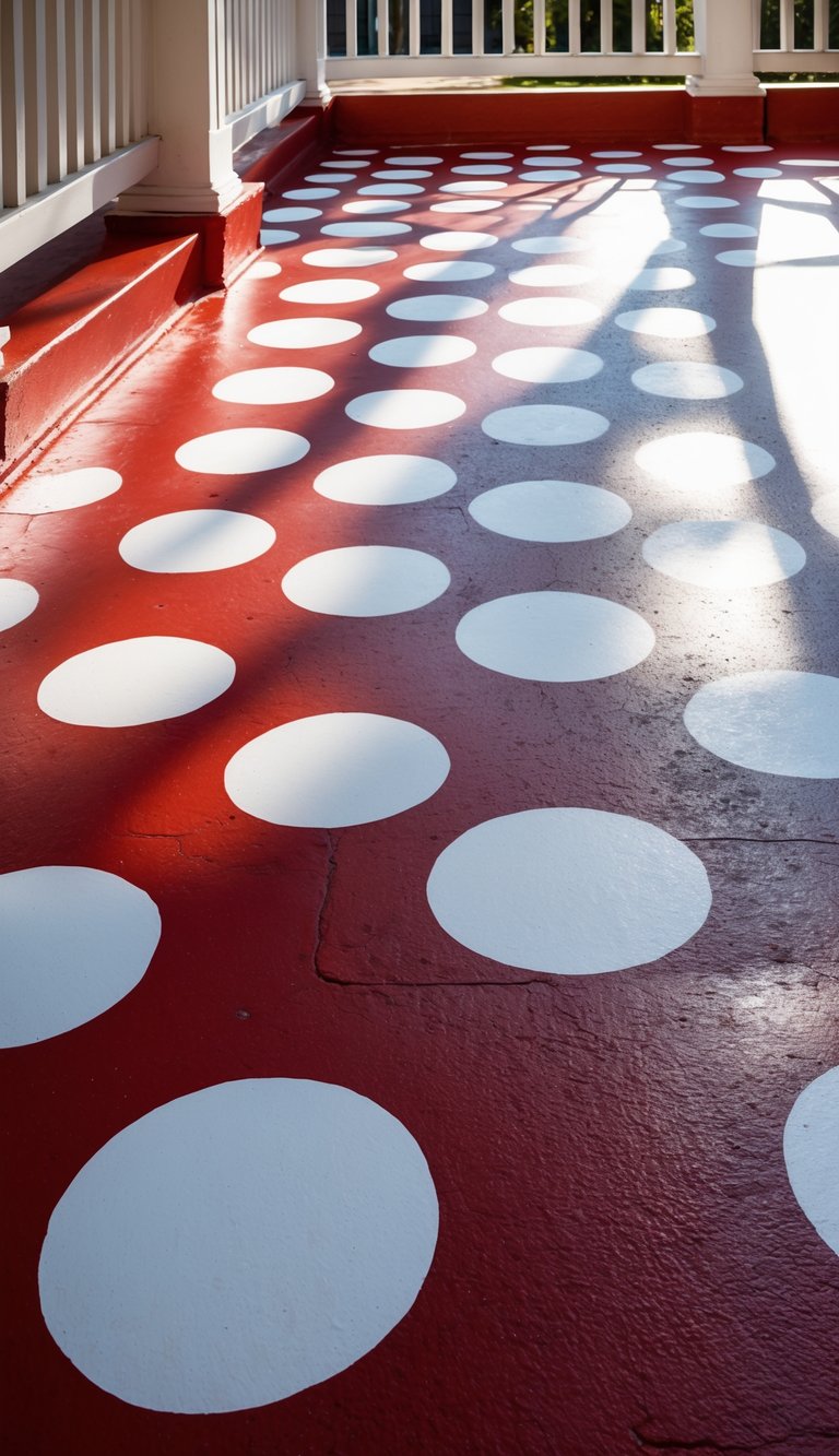 Porch floor with large white polka dots on a red painted concrete surface.