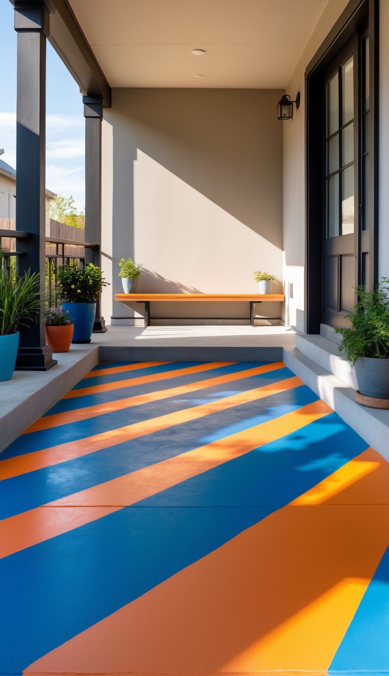 A porch with a concrete floor painted in bold diagonal blue and orange stripes, with plants and a wooden bench nearby.