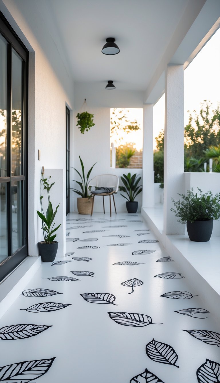A white concrete porch with black leaf outline prints painted on the floor, surrounded by potted plants and outdoor furniture.