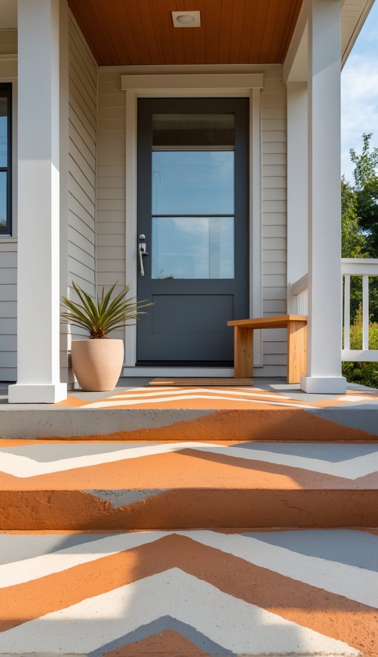 Concrete porch floor with a chevron pattern painted in rusty orange, cream, and gray colors, featuring a potted plant and a wooden bench near a house exterior.
