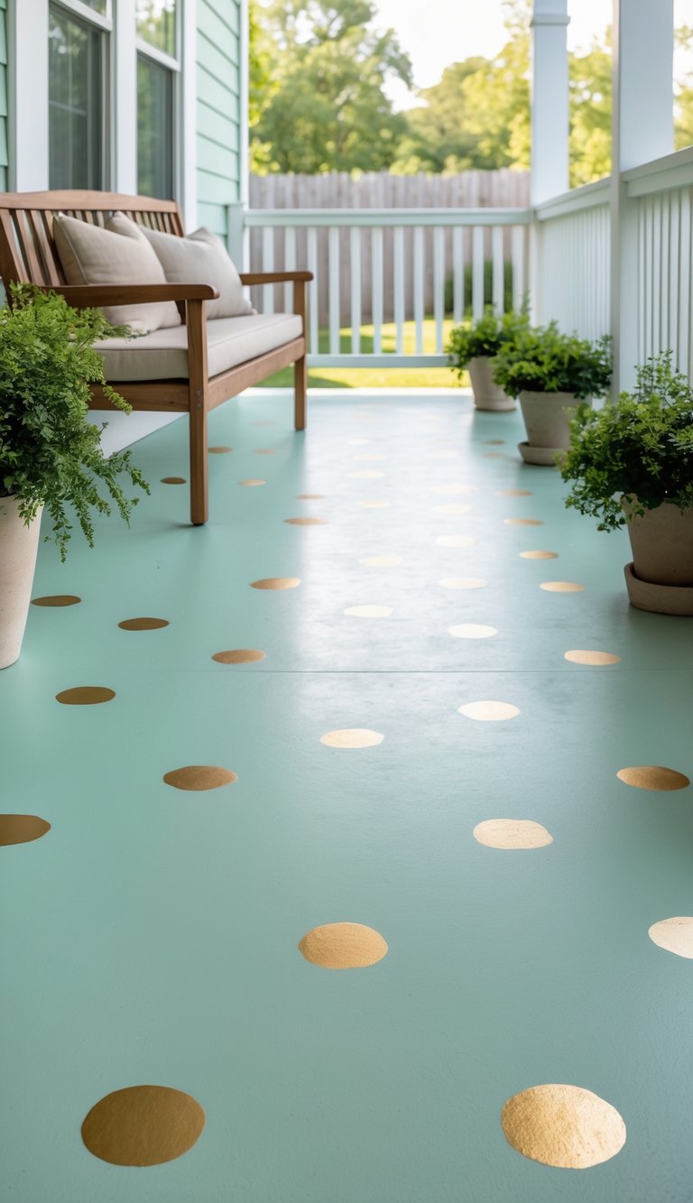 A concrete porch painted soft mint green with gold dots on the floor, featuring a wooden bench and potted plants.