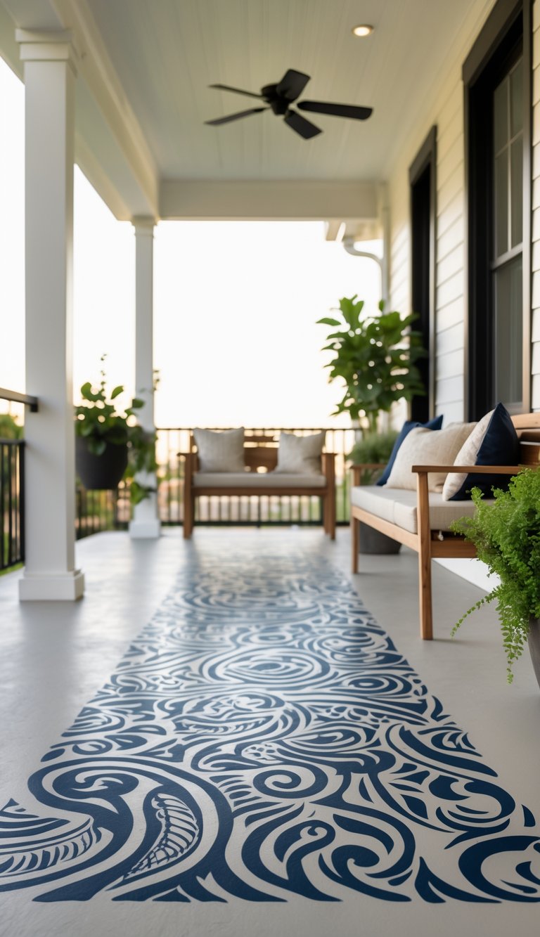 Outdoor porch with natural cement floor featuring navy blue tribal tattoo patterns painted on the concrete surface.