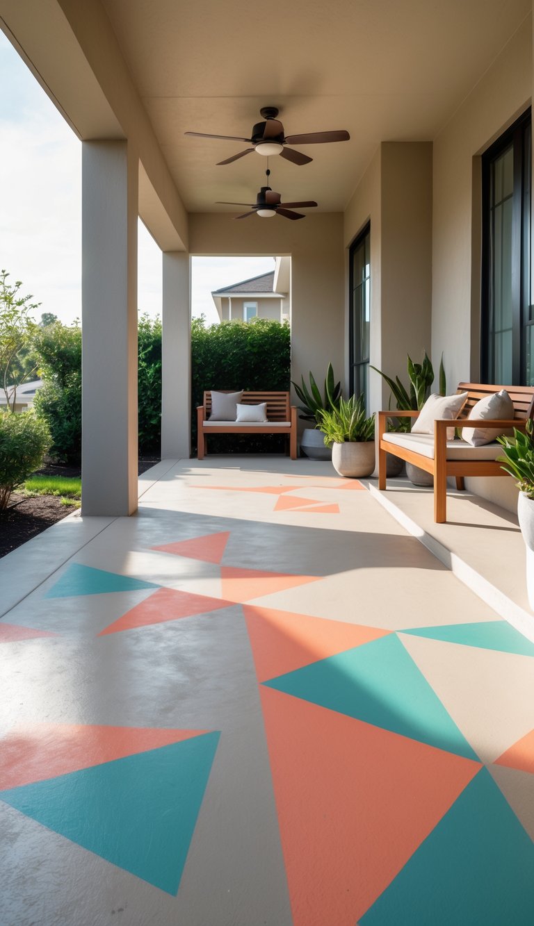 A concrete porch with a painted pattern of light taupe, coral, and teal triangles, featuring a wooden bench and potted plants.