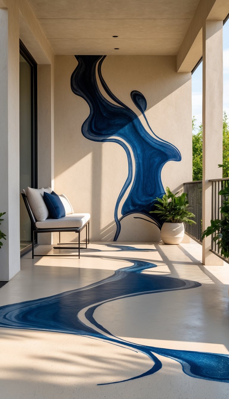 A concrete porch floor with warm ivory color and abstract indigo swirl patterns, featuring outdoor furniture and potted plants.
