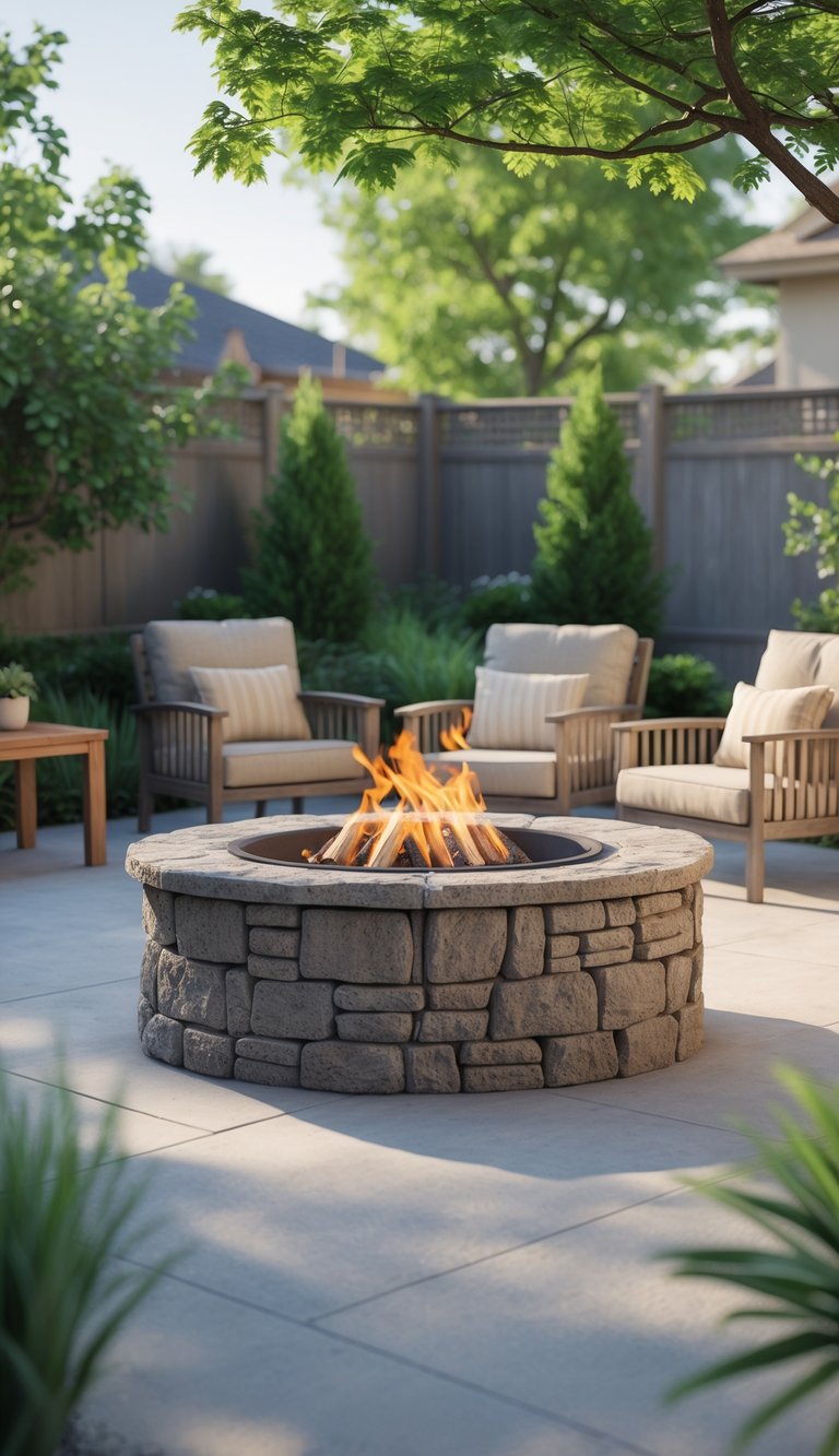 A residential backyard with a stone fire pit surrounded by outdoor seating and greenery under bright daylight.