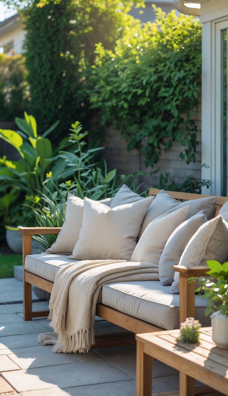 A backyard patio with wooden furniture, plush cushions, throws, and green plants in bright natural light.