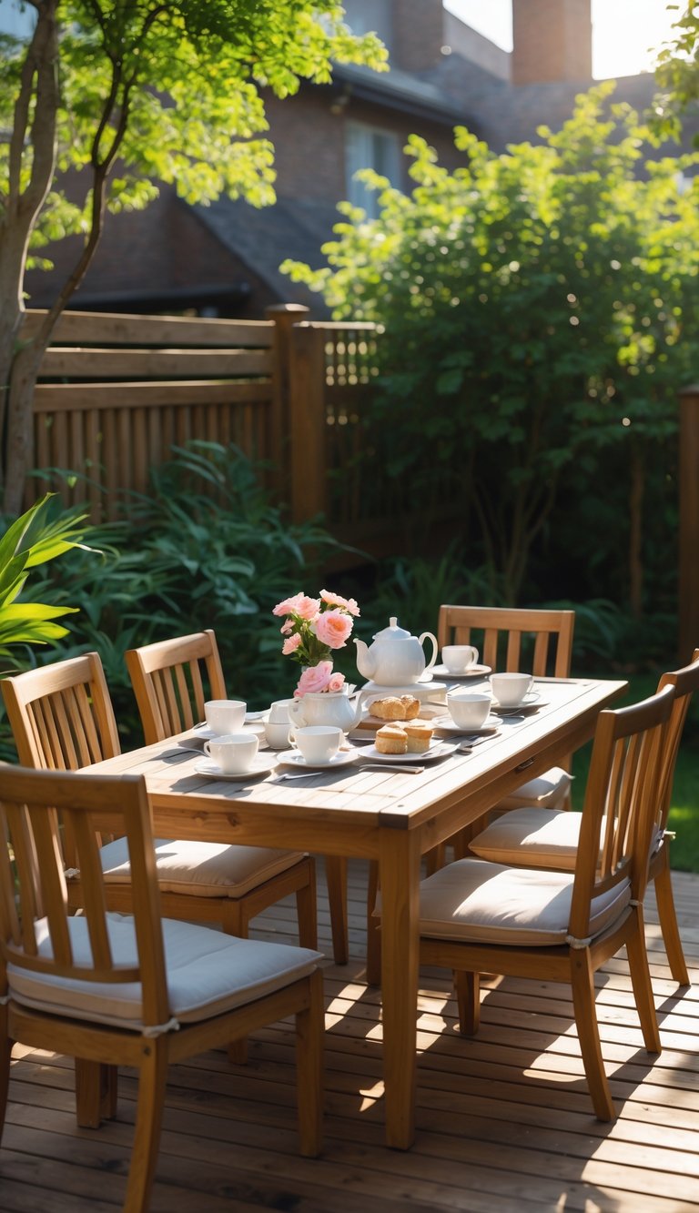 A backyard patio with a wooden table set for tea, including a teapot, cups, pastries, and flowers, surrounded by chairs and greenery in bright daylight.
