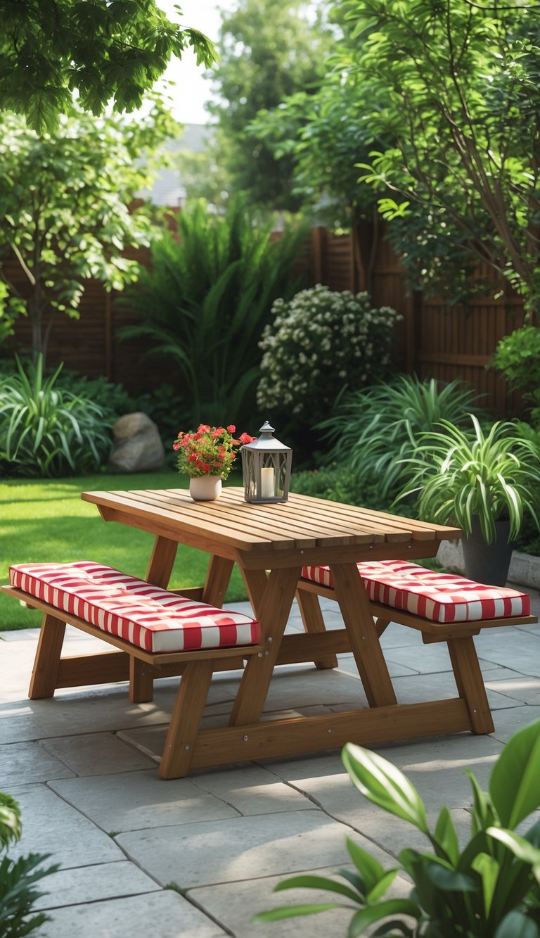 A residential backyard with a wooden picnic table featuring red and white plaid cushions, surrounded by green plants and a stone patio under bright natural light.