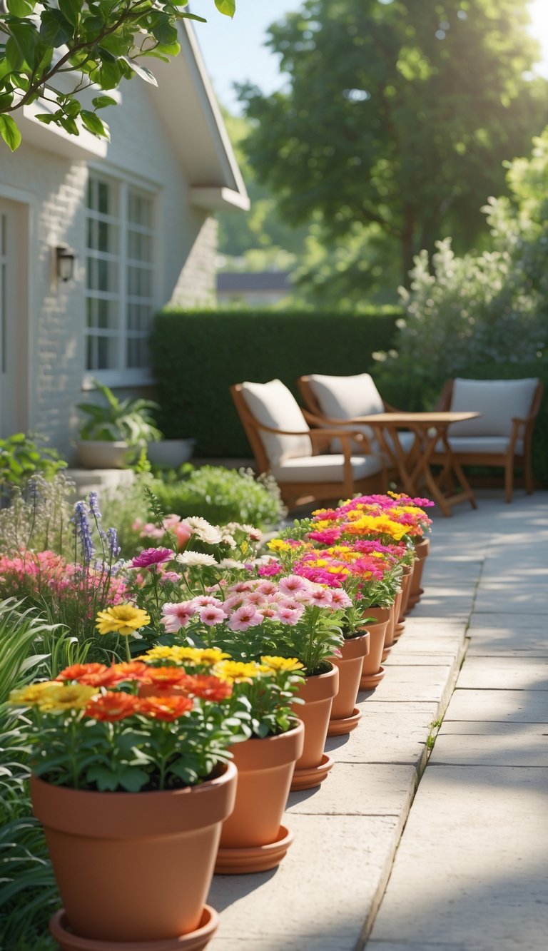 A backyard patio with terracotta pots of bright flowers, a wooden table, and outdoor chairs under natural sunlight.