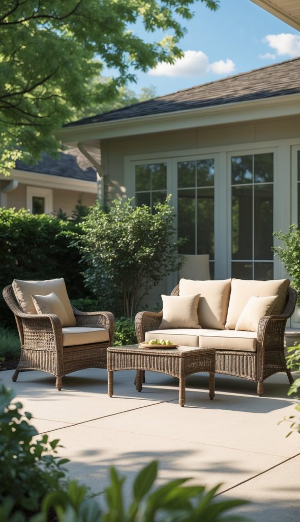 A patio with wicker furniture set, including a sofa, an armchair, and a coffee table with apples, surrounded by lush greenery and the exterior of a house in the background.