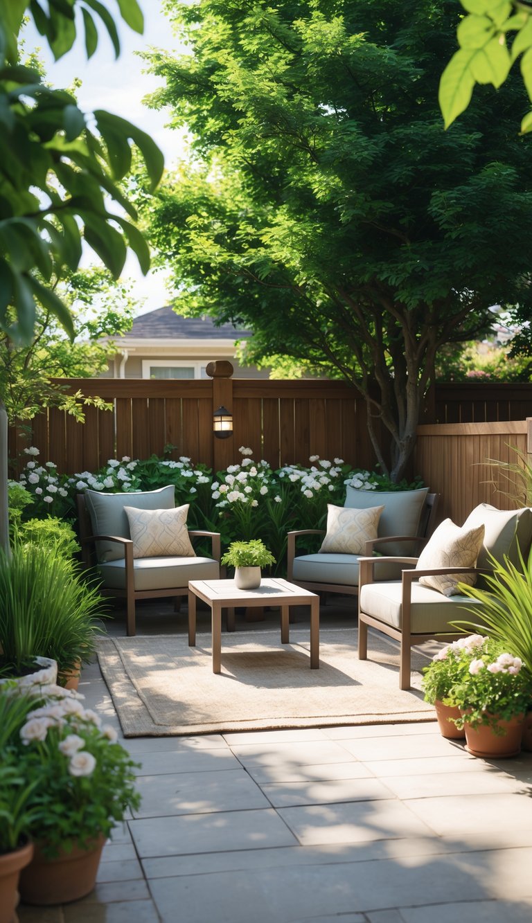 A residential backyard patio with cushioned chairs, a wooden coffee table, green plants, and bright natural sunlight.