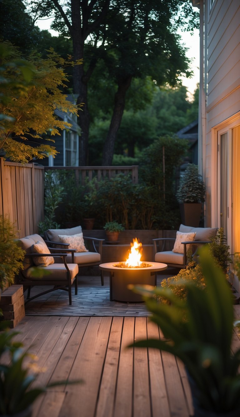 A residential backyard with a fire pit, outdoor seating, potted plants, and bright natural light.