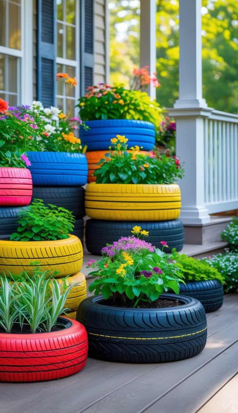 Colorful painted tires repurposed as planters, filled with vibrant flowers and greenery, arranged on a porch.