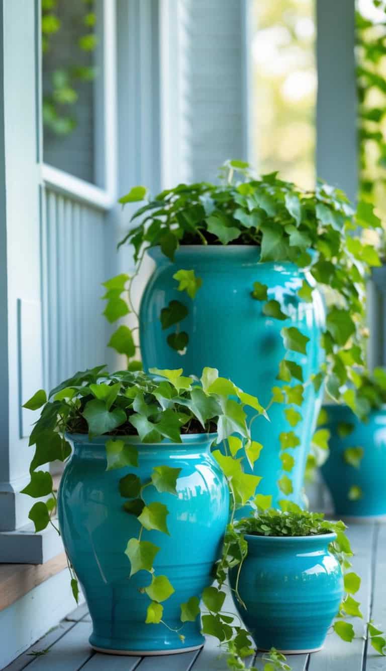 Three turquoise ceramic pots of varying sizes with lush, green ivy plants arranged on a wooden porch.