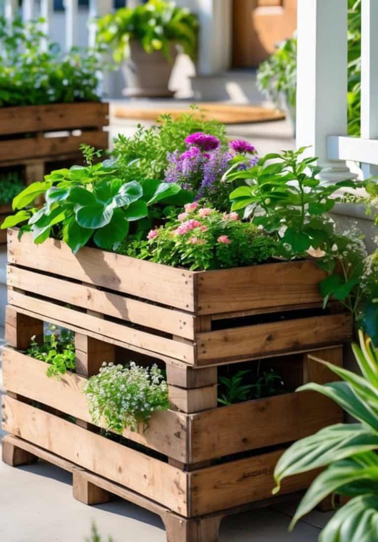 A wooden planter box filled with various green plants and colorful flowers, placed outdoors on a patio with a porch railing in the background.