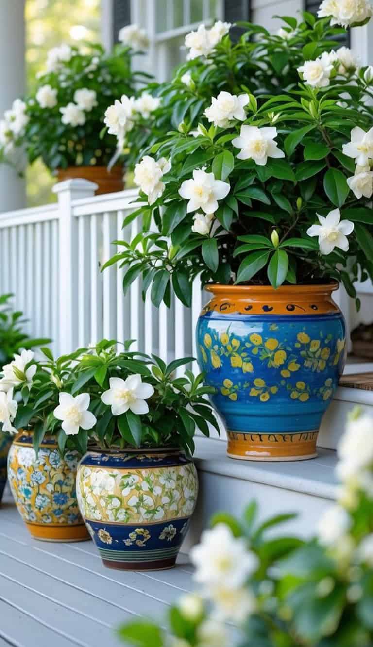Colorful ceramic pots with blooming white flowers arranged on a porch with white railing and wooden steps.