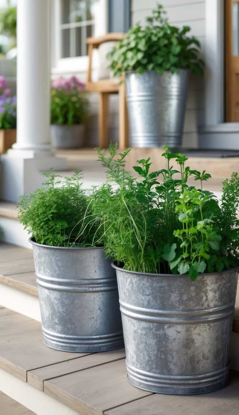 Herbs growing in two metal buckets on a porch with wooden steps, with additional potted plants and a chair in the background.