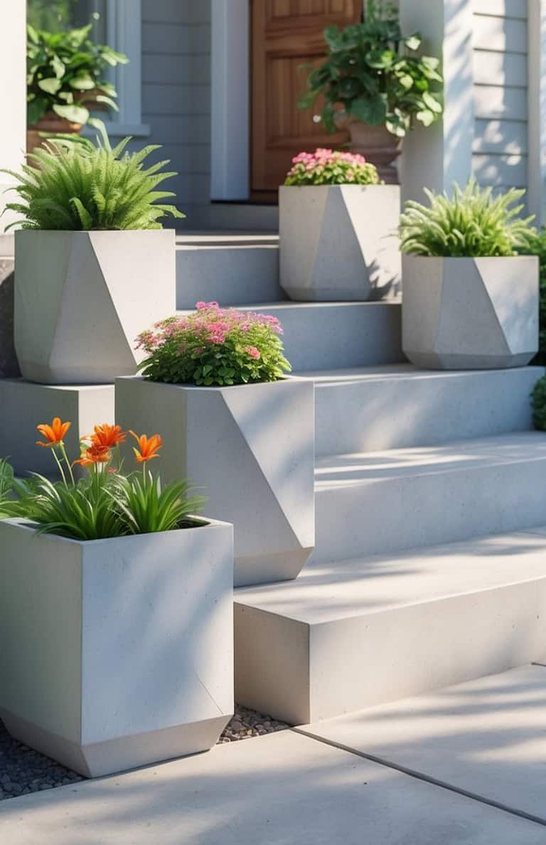 Modern geometric planters with green ferns, orange lilies, and pink flowers on a set of gray stone steps.