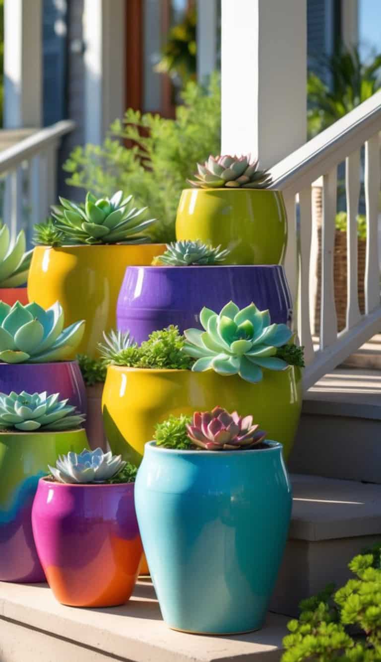 A collection of colorful ceramic pots filled with various succulent plants, arranged on outdoor steps. The pots are in bright shades of yellow, purple, blue, and pink, complementing the lush green of the succulents.