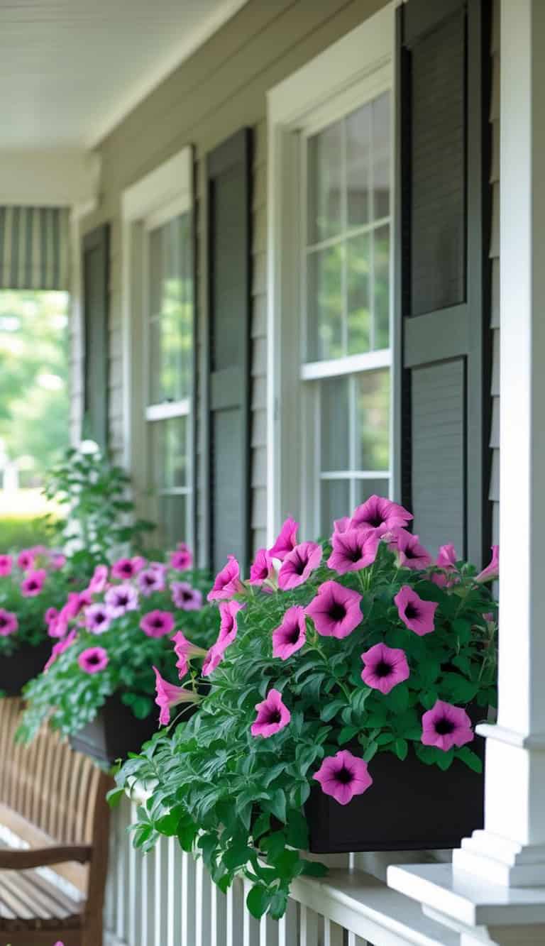 A porch with white railings and potted pink petunias hanging along the windows, with a wooden bench visible in the background.