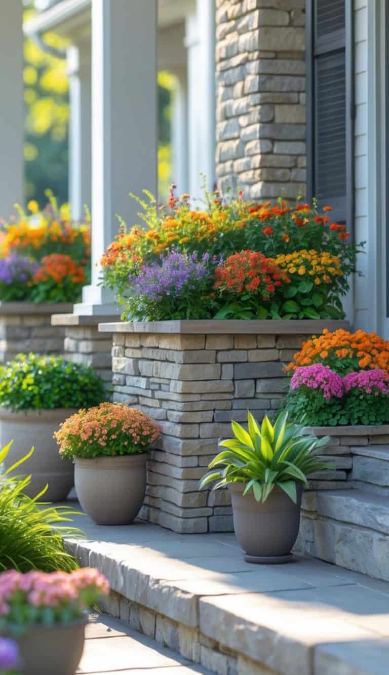 A house entrance with stone steps and walls, adorned with various colorful potted flowers and plants.