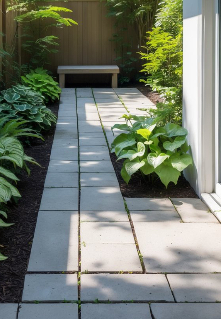 A narrow garden path made of square stone tiles, surrounded by lush greenery with ferns and hostas, leading to a wooden bench at the end against a wooden fence.