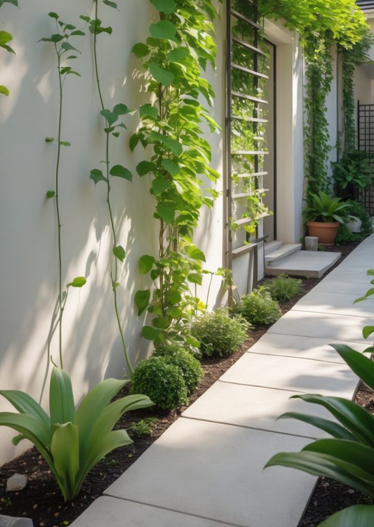 A narrow garden walkway with large, light-colored paving stones bordered by lush green plants and climbing vines on a white wall with trellises.