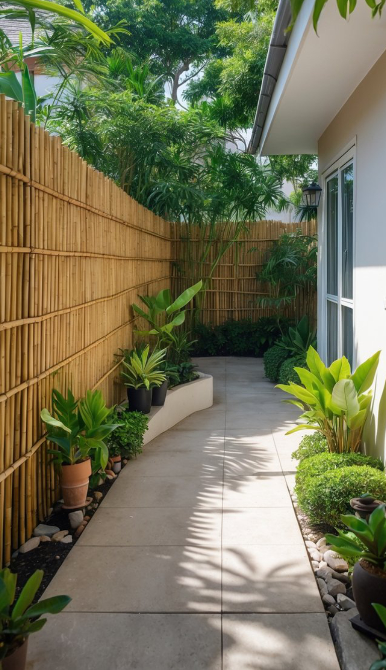 A narrow garden path with a bamboo fence on the left and a modern building on the right, lined with various potted plants and greenery on both sides.