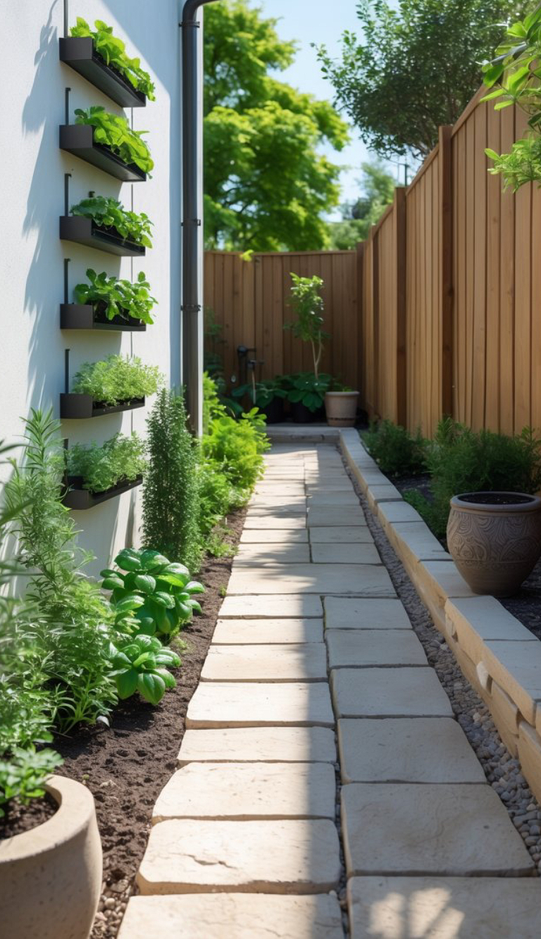 A narrow garden path with light stone tiles, bordered by lush green plants, and wall-mounted planters with herbs against a white wall. A wooden fence encloses the area, and a potted plant is visible in the distance.