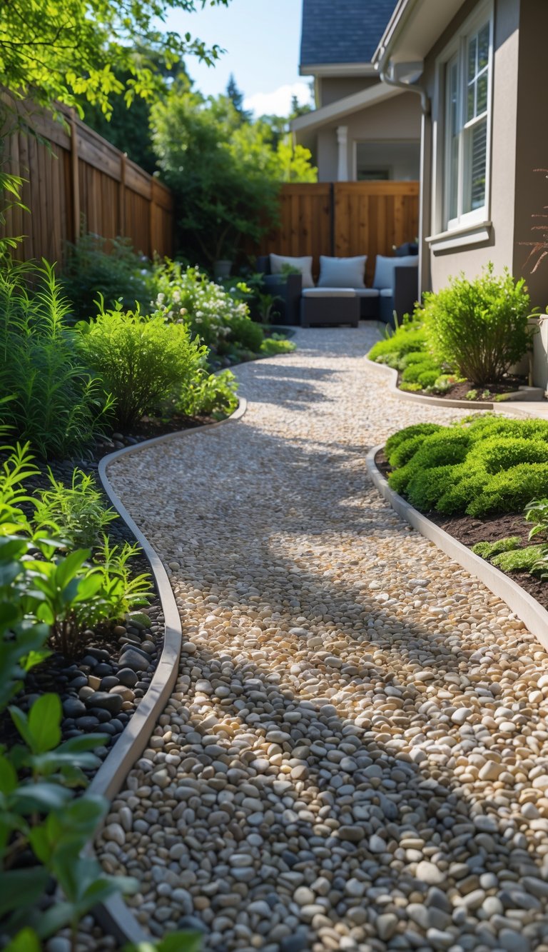 A residential side yard with a pebble pathway surrounded by green plants and shrubs next to a house wall in bright daylight.