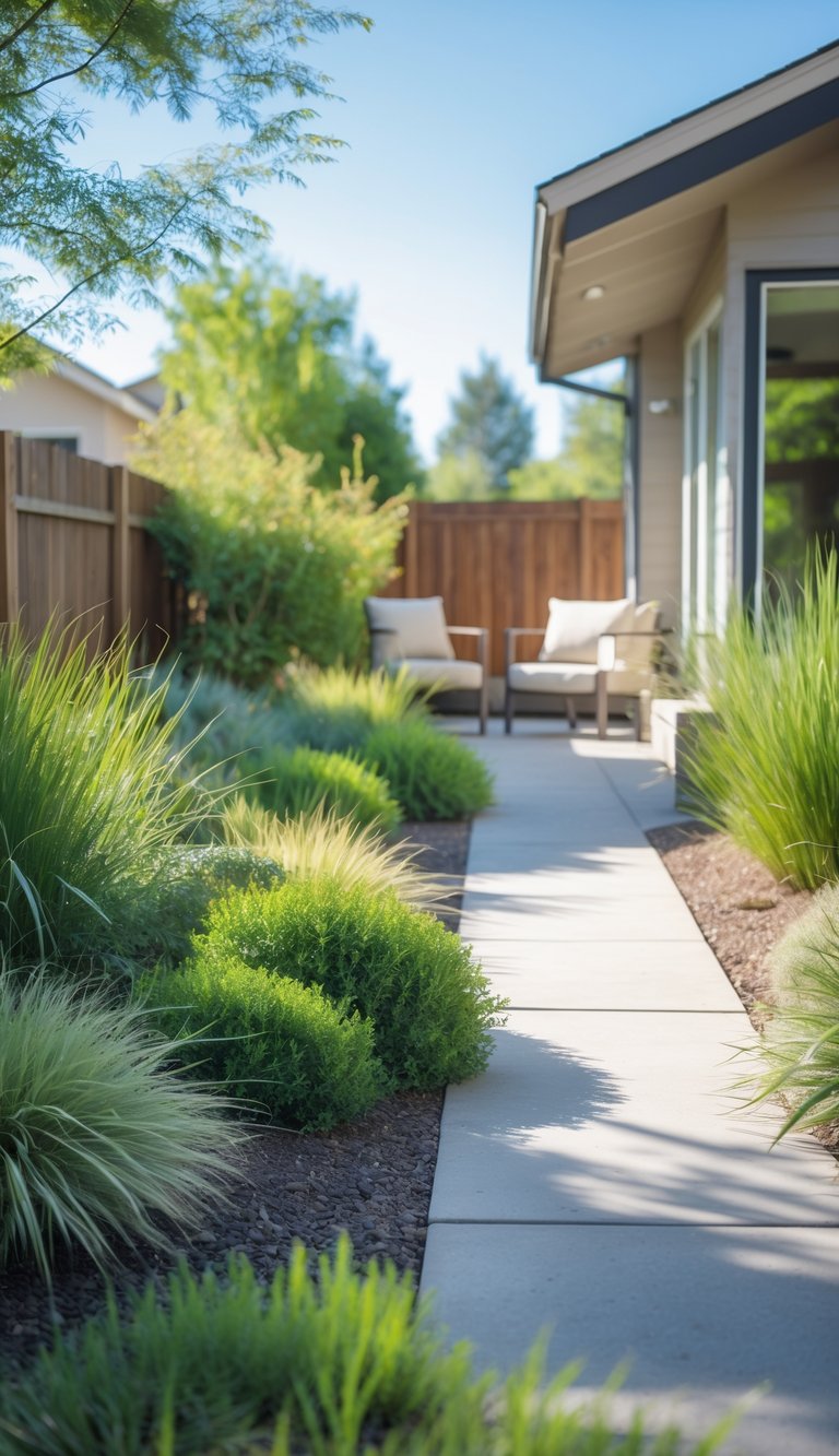 A residential side yard with native plants, a pathway, and a small patio area under bright natural light.