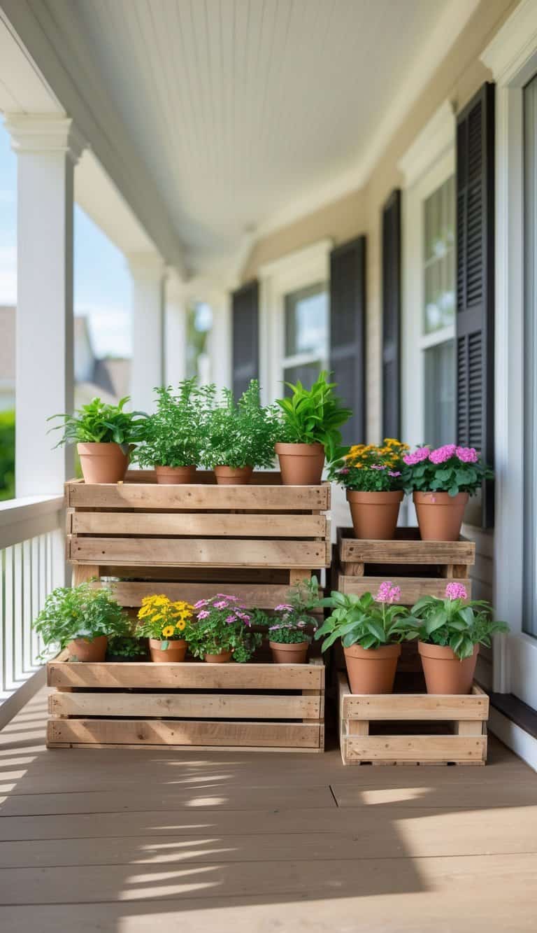 Front porch with stacked wooden crates used as planters holding green plants and colorful flowers in pots, illuminated by natural daylight.