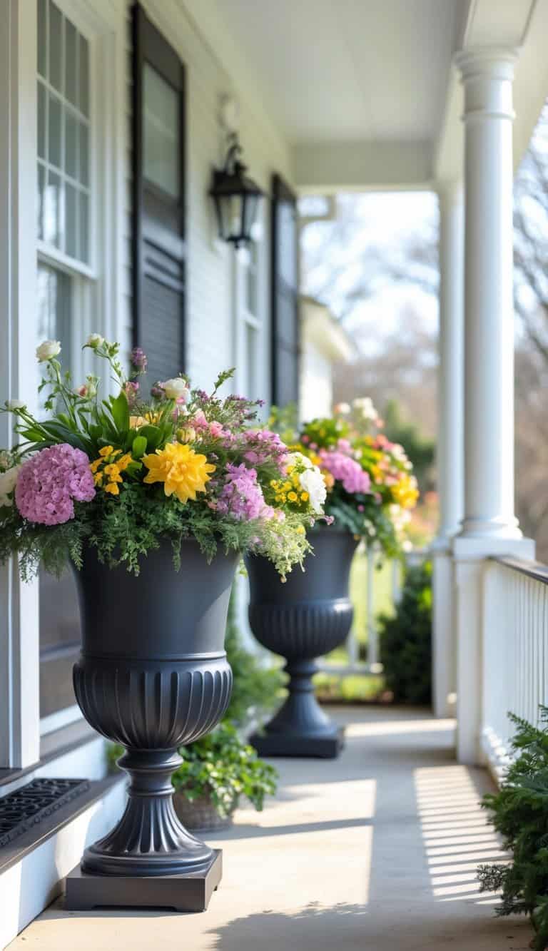 Front porch with tall black metal urns holding seasonal flowers near the entrance of a home.