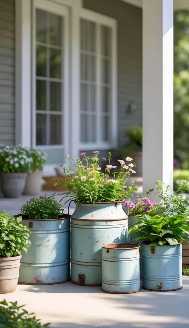 Front porch with vintage milk cans used as planters holding various plants and flowers in bright natural light.