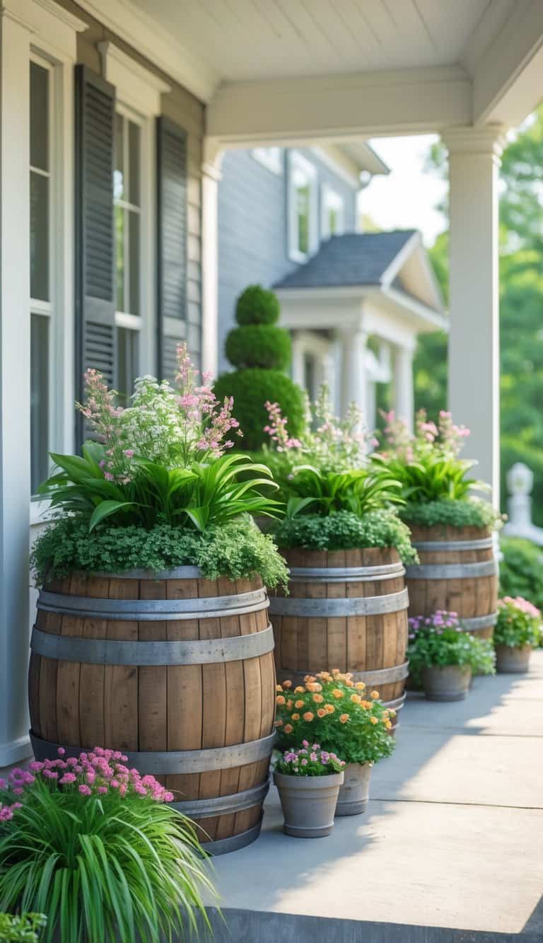 A front porch with large wooden barrels used as planters holding green plants and colorful flowers in pots, bathed in bright natural light.