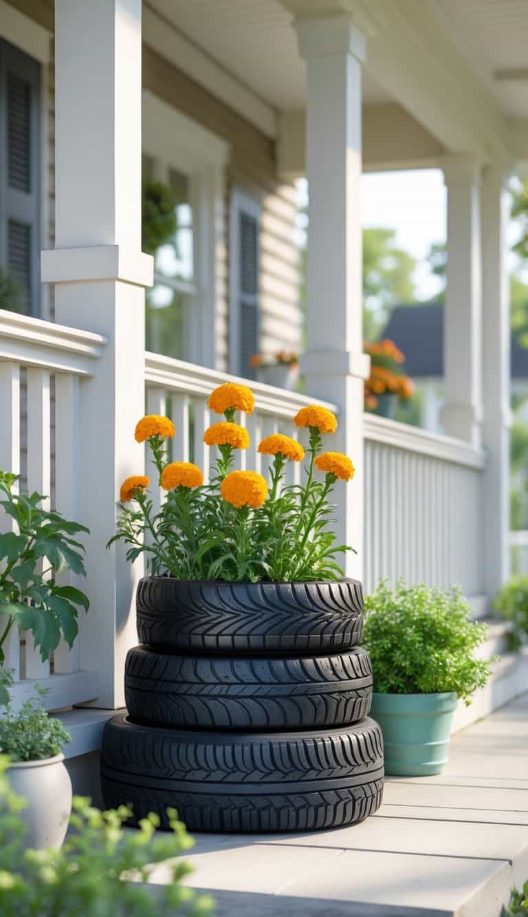 Front porch with recycled tire planters filled with blooming marigolds and other potted plants in bright natural light.
