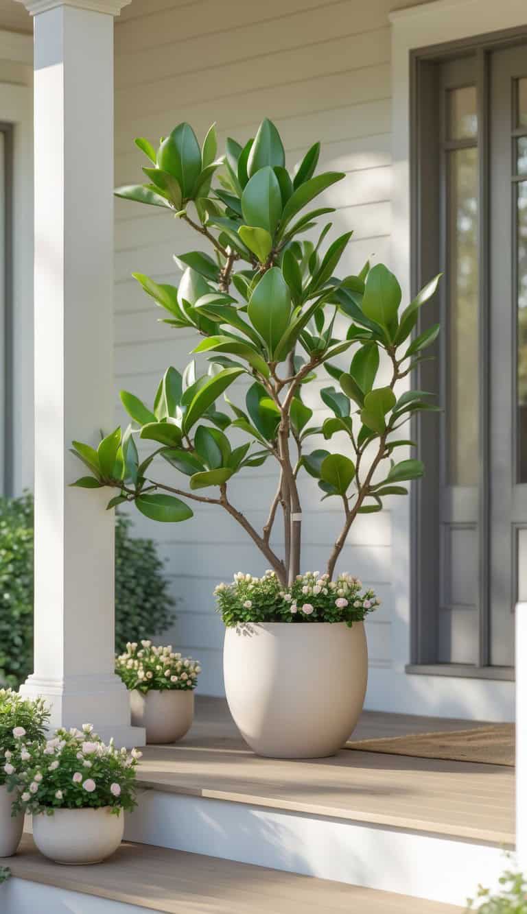 A large potted plant with glossy green leaves and small white flowers is placed on a wooden porch next to a column.