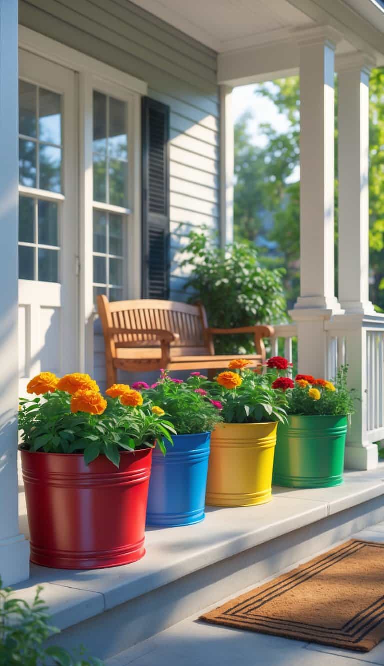 A front porch with brightly colored metal bucket planters holding green plants and flowers, illuminated by natural sunlight.