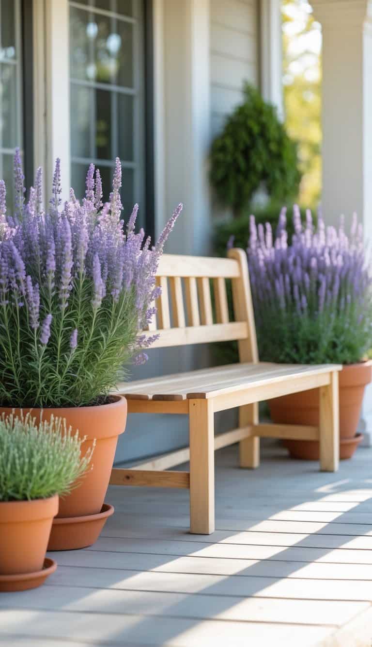 A small wooden bench on a front porch with matching pots of blooming lavender plants around it.