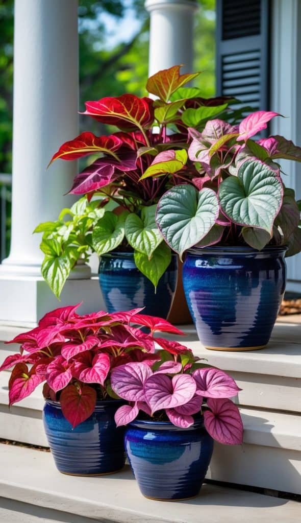 Three blue pots containing vibrant red and pink-leaved plants placed on stair steps in front of a white columned porch.